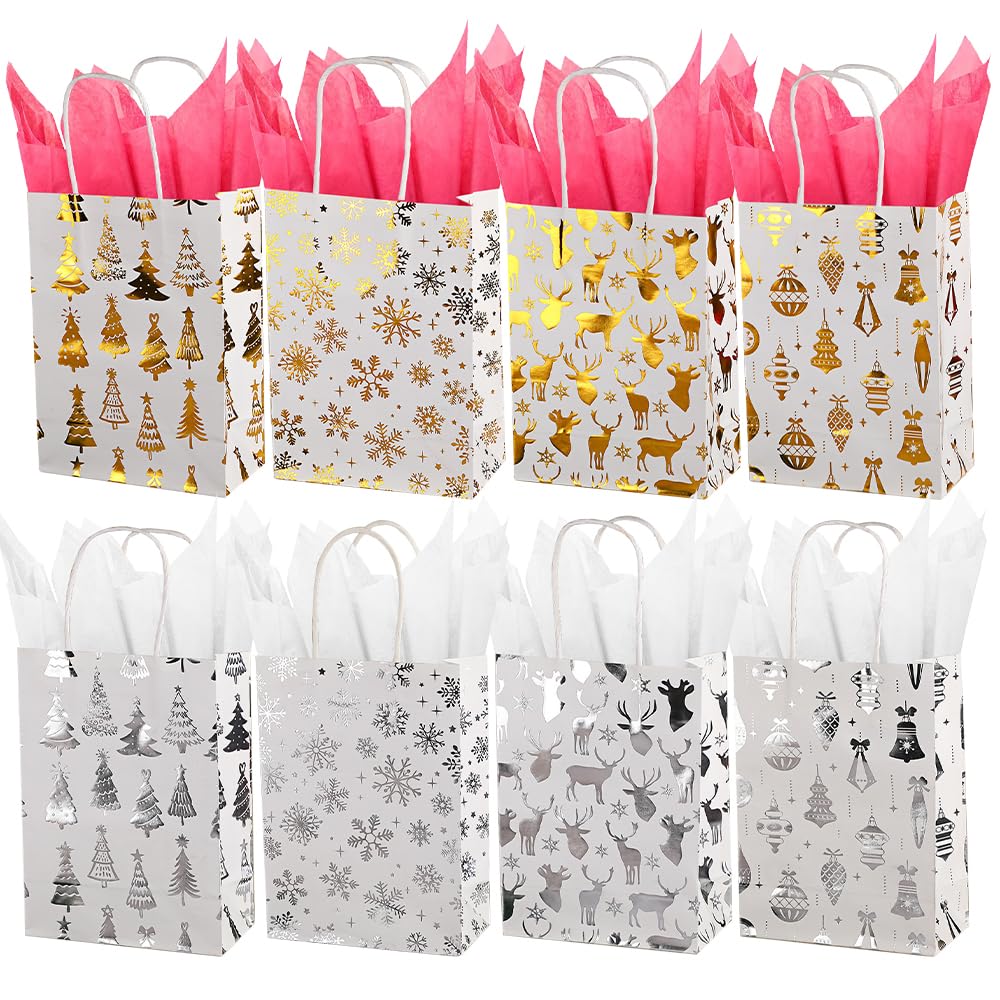 CMSSHUAI 8 PCS Small Christmas Gift Bags With Handle and Tissue,8 Designs christmas Paper Bags, Goody Bags,Christmas Treat Bags for Holiday Presents Candies Cookie Snacks