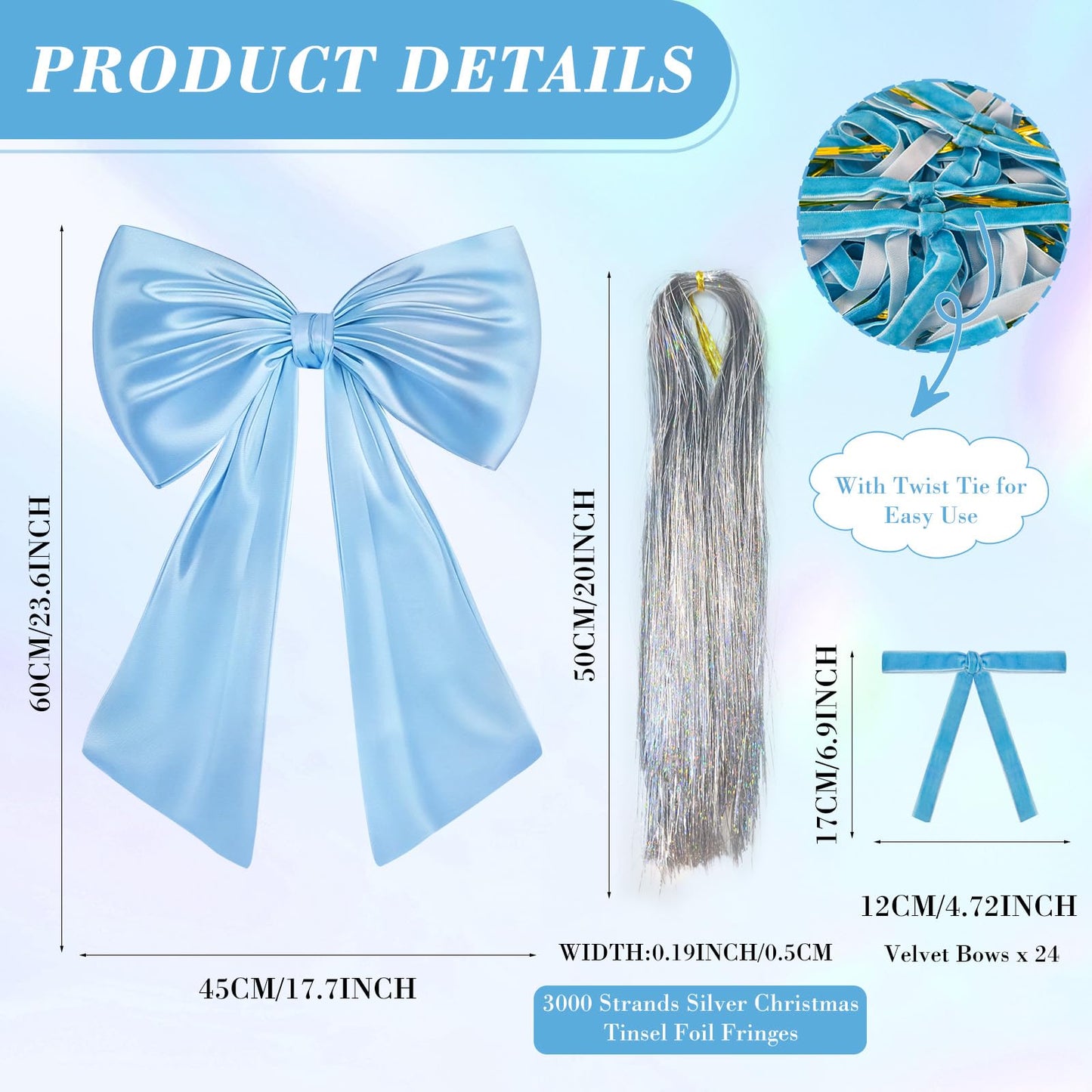17x23 Inch Large Blue Bow for Christmas Tree Topper Christmas Tree Decoration Set: 24 Small Velvet Bows, 1 Pcs Big Tree Topper Bow, 3000 Strands of Tinsel Icicles for Holiday Decor (Blue)