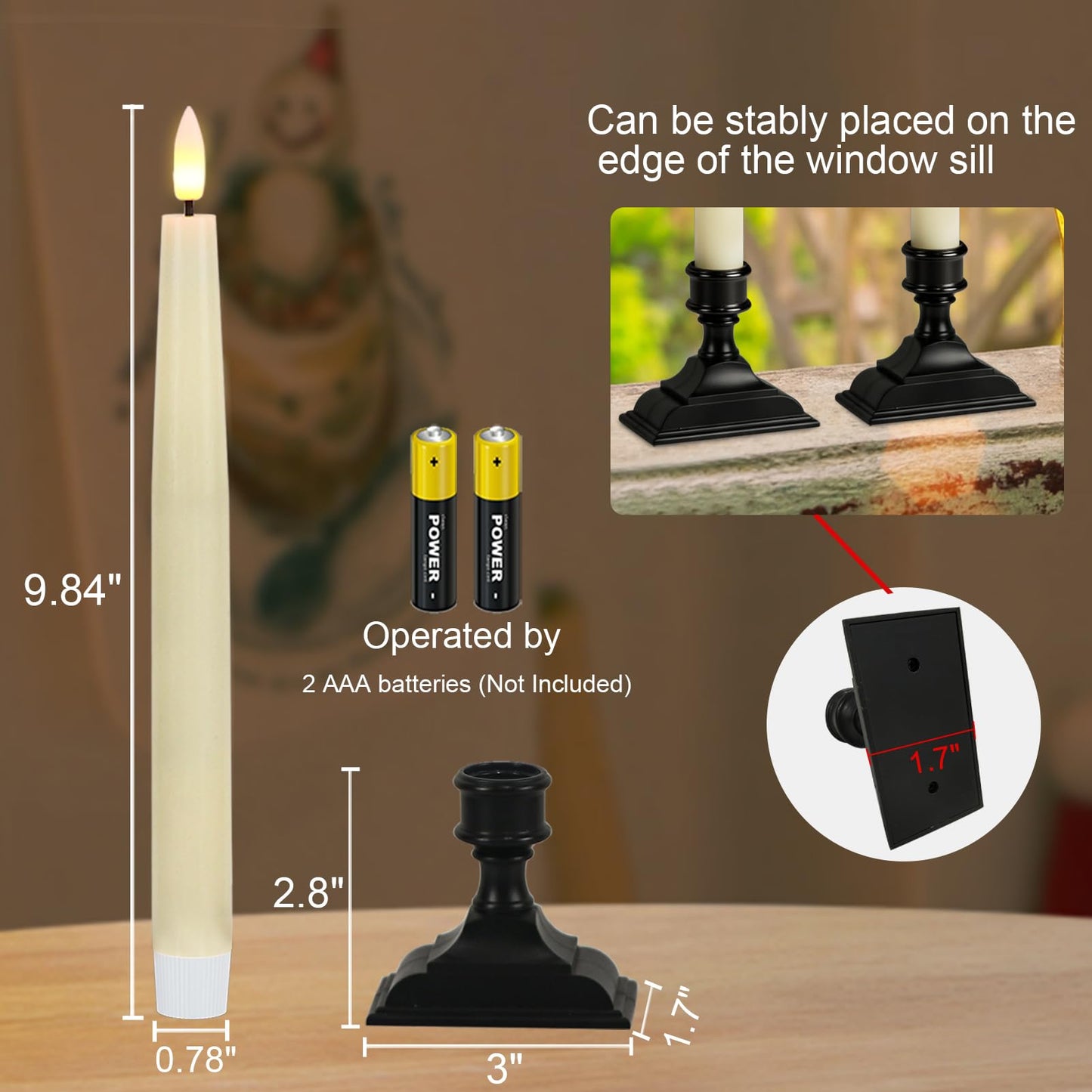 KunSwenn Window Candles Battery Operated with Remote Timer, Christmas Window Candles with Black Holder, Set of 3 Electric LED Candlesticks for Home Holiday Winter Decorations (Ivory, 0.78” x 9.84”)
