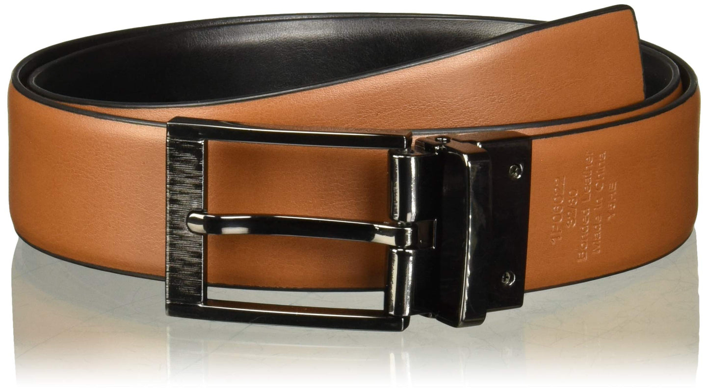Perry Ellis Portfolio Feather Edge Leather Men's Belt, Reversible with Etched Buckle, Soft Touch Material (Sizes 30-54 Inches Big & Tall), Black / Brown Reversible, 32