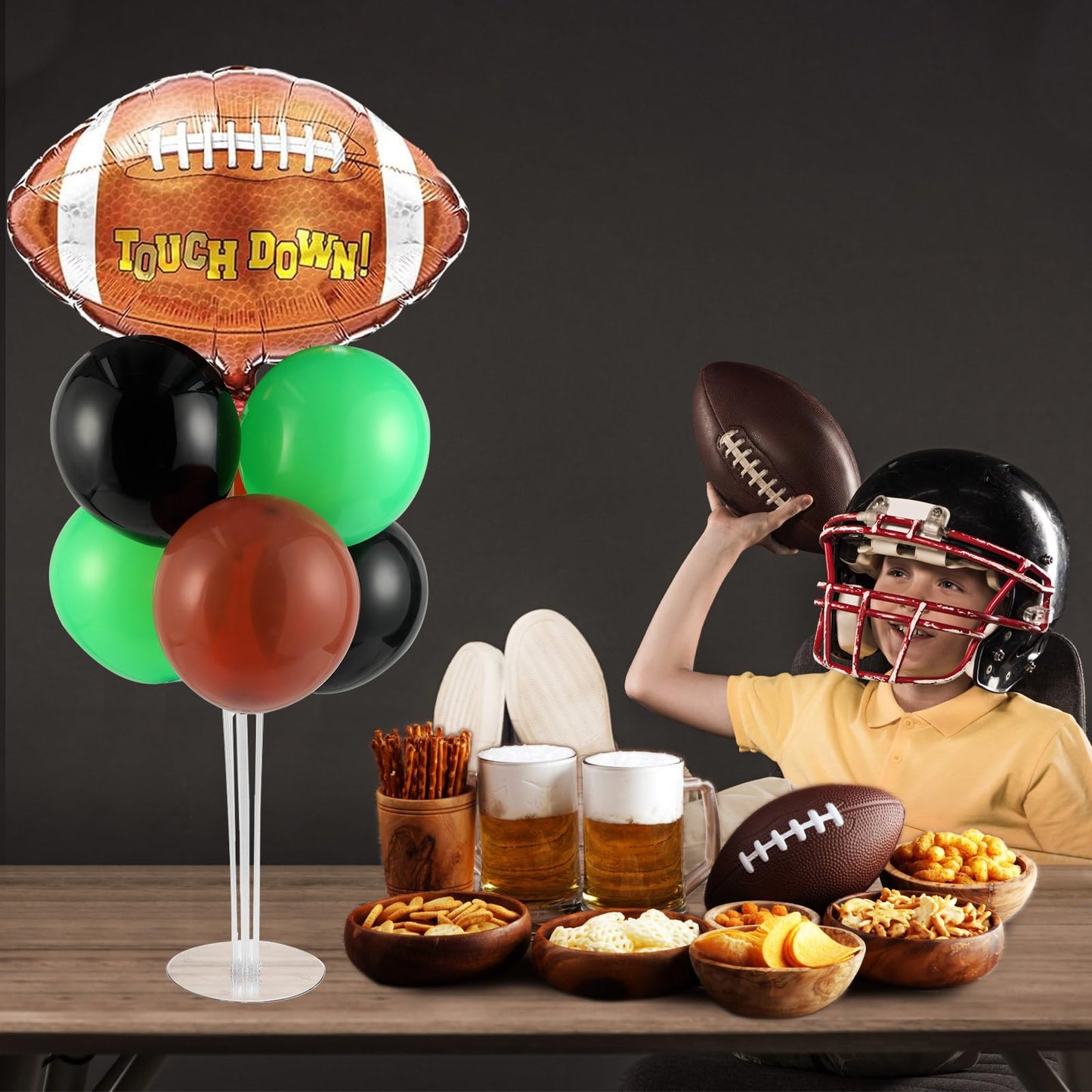 4 Sets Football Party Balloons Stand Kit with Rugby Ball Foil Balloons Sport Football Party Balloon Centerpiece for Tables for Game Sports Football Birthday Baby Shower Decoration