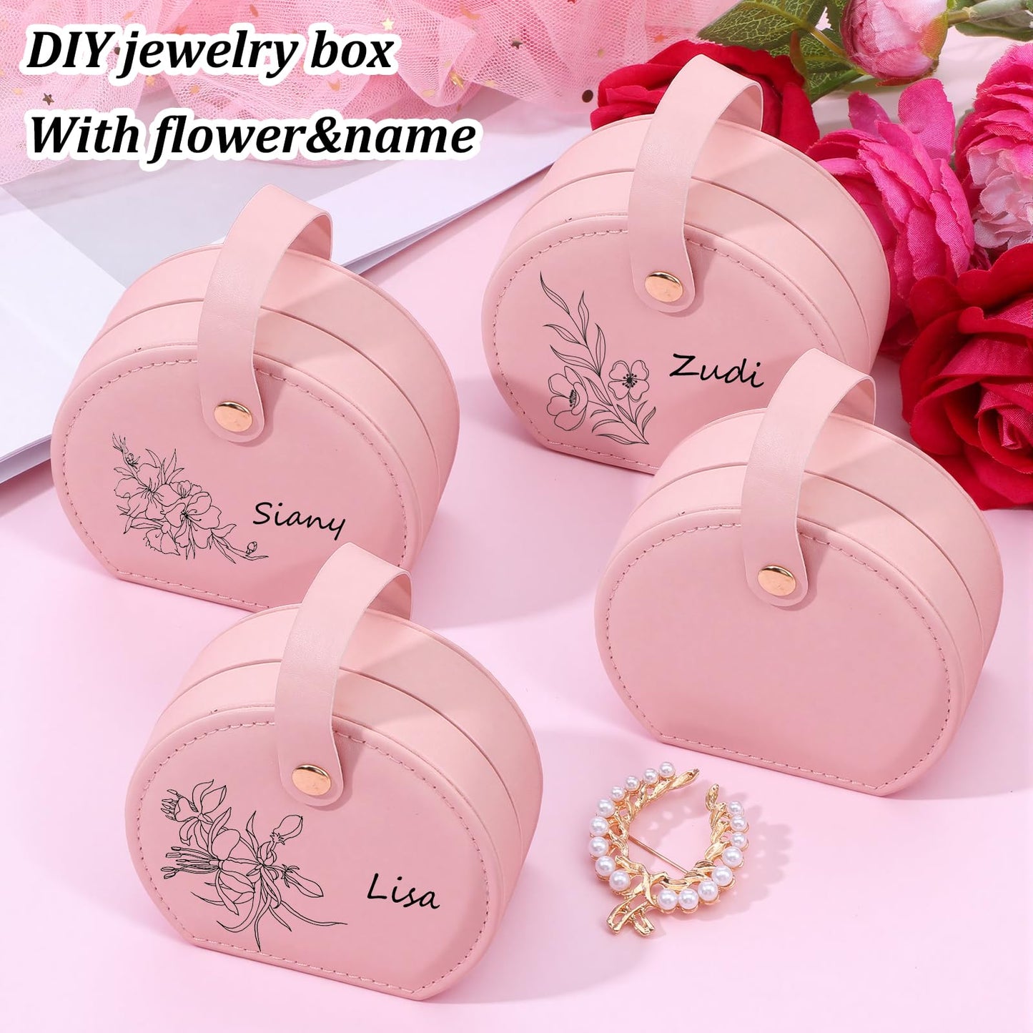 10 Pack Travel Jewelry Case Mini Leather Bridesmaid Jewelry Gift Box Bulk, Half Moon Design, Detachable Handle, Small Earring Storage Organizer for Women Girls Bridesmaid Proposal Gifts(Pink)