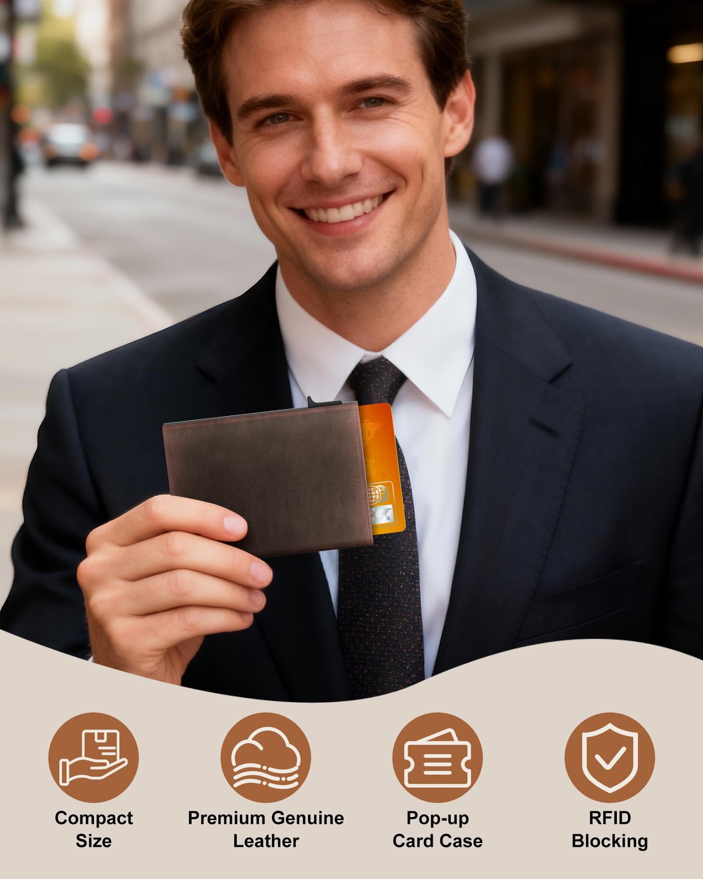 ROYAL KIT Wallet for Men Card Holder: Pop Up Card Case, RFID Blocking, Premium Genuine Leather, Slim, Minimalist, Front Pocket - 14 Card Capacity | ID Window | Cash Slot (Brown)