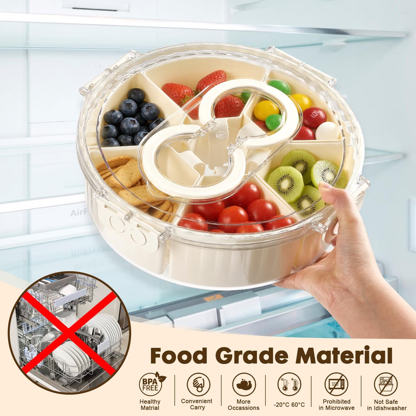 Divided Snack Serving Tray with Lid and Handle，Snackle Box Container for Fruits Candy Organizer，Portable Spinning Rounded Veggie Tray for Kitchen, Party, Trave and Picnic