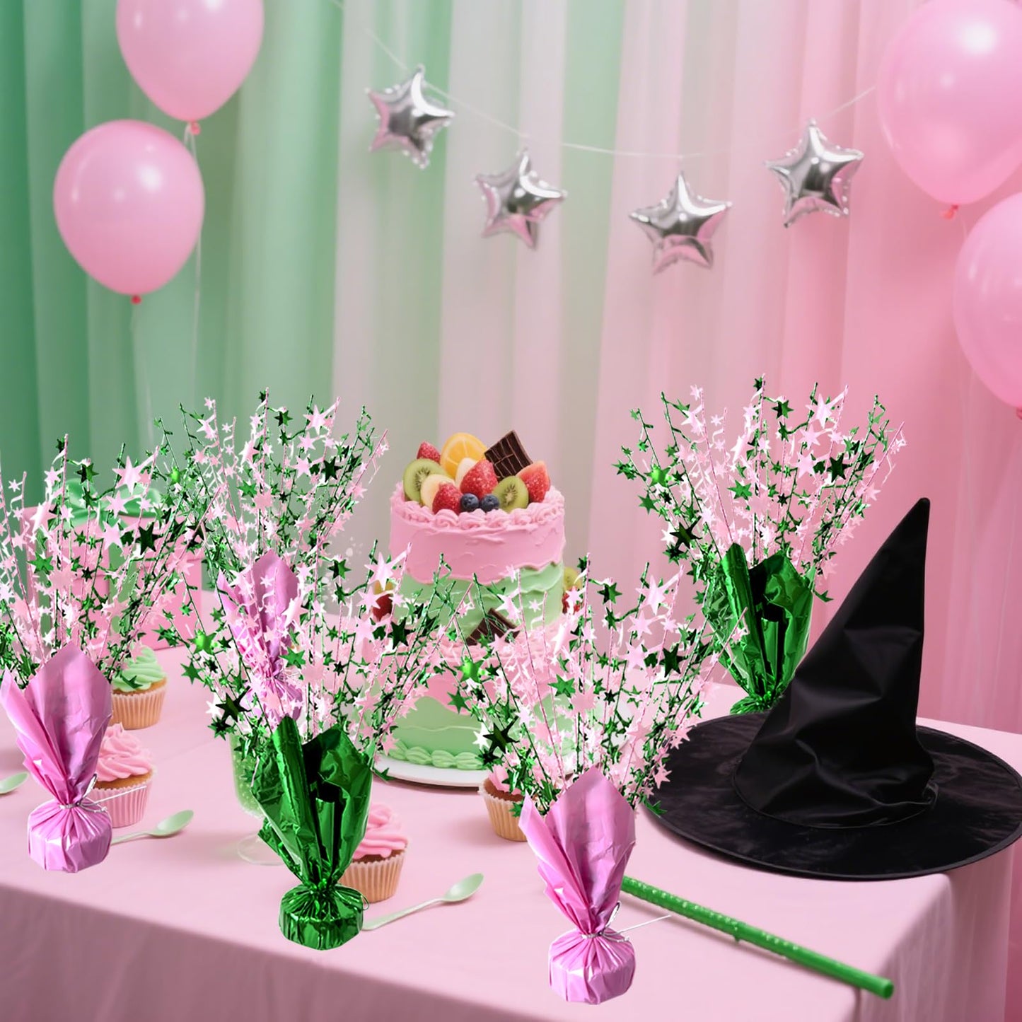 6 Pack Pink Green Witch Birthday Party Decoration Metallic Foil Spray Centerpiece Star Table Decoration Burst Table Centerpieces for Halloween Witch Princess Holiday Party Supplies Decor