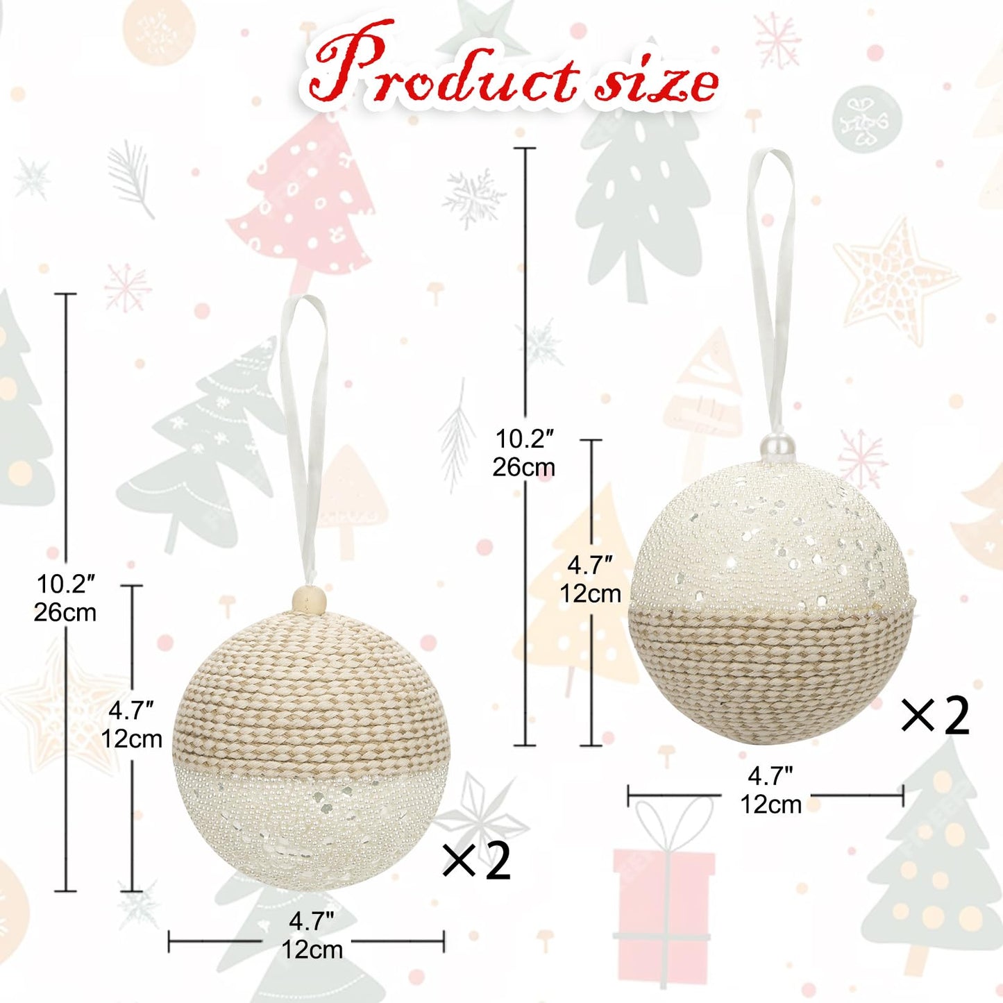 Briful 4.72'' Christmas Ball Ornaments Xmas Trees Decorations, 4PCS Small White Pearl and Textured Weaving Extra-Large Christmas Hanging Balls for Xmas Garland Wreath Mantle Decor