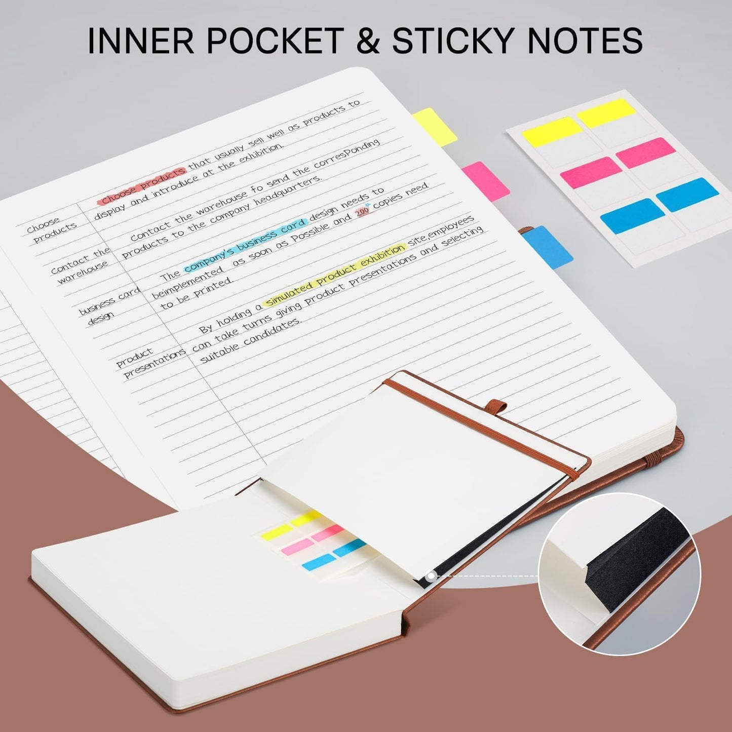 EMSHOI Meeting Notebook for Work with Sticky Tabs - 240 Pages, A4 Size Project Planner, PU Leather Meeting Agenda/Minutes Organizer for Women Men, Note Taking, Office & Business, 8.3"x11.7", Coffee