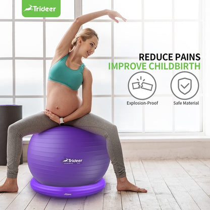 Trideer Yoga Ball Chair With Base & Bands for Home Gym Workout - Exercise Ball for Abs, Stability & Balance Seat to Relieve Back Pain (L(23-26ines/58-65cm), Purple)