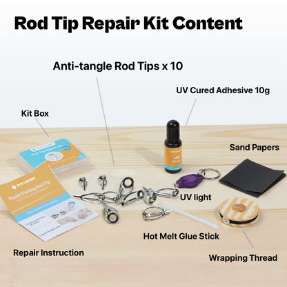 OJYDOIIIY Fishing Rod Tip Repair Kit with Glue, 10 Tangle Free Stainless Steel Rod Tip Eyelets Replacement Parts with UV Curable Resin Finish