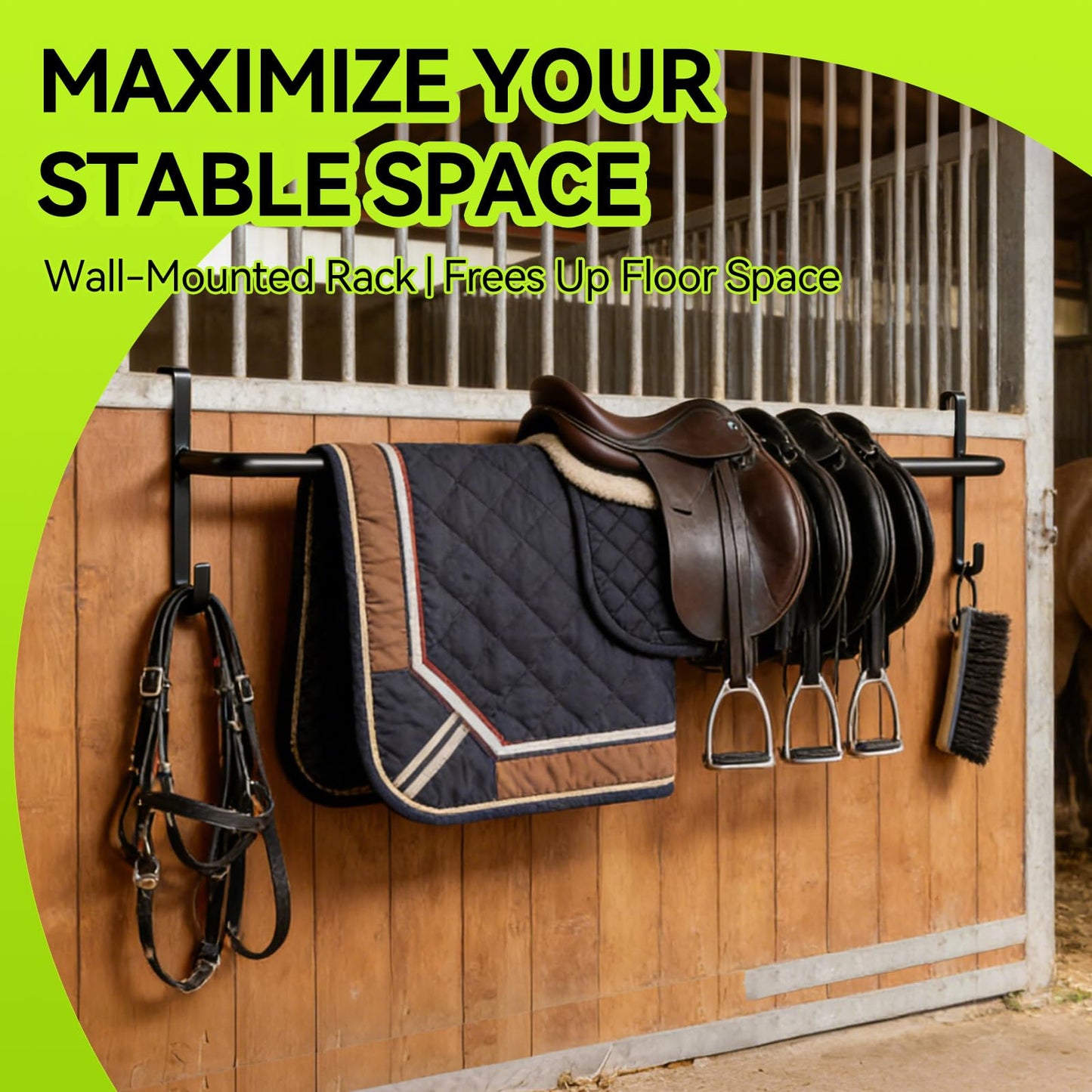 Zwinz 4Pcs Heavy Duty Horse Blanket Rack with Bridle Hooks, No-Drill Wall Mounted Assembled Blanket Bar, Saddle Pad Rack for Horse Tack Storage, Black