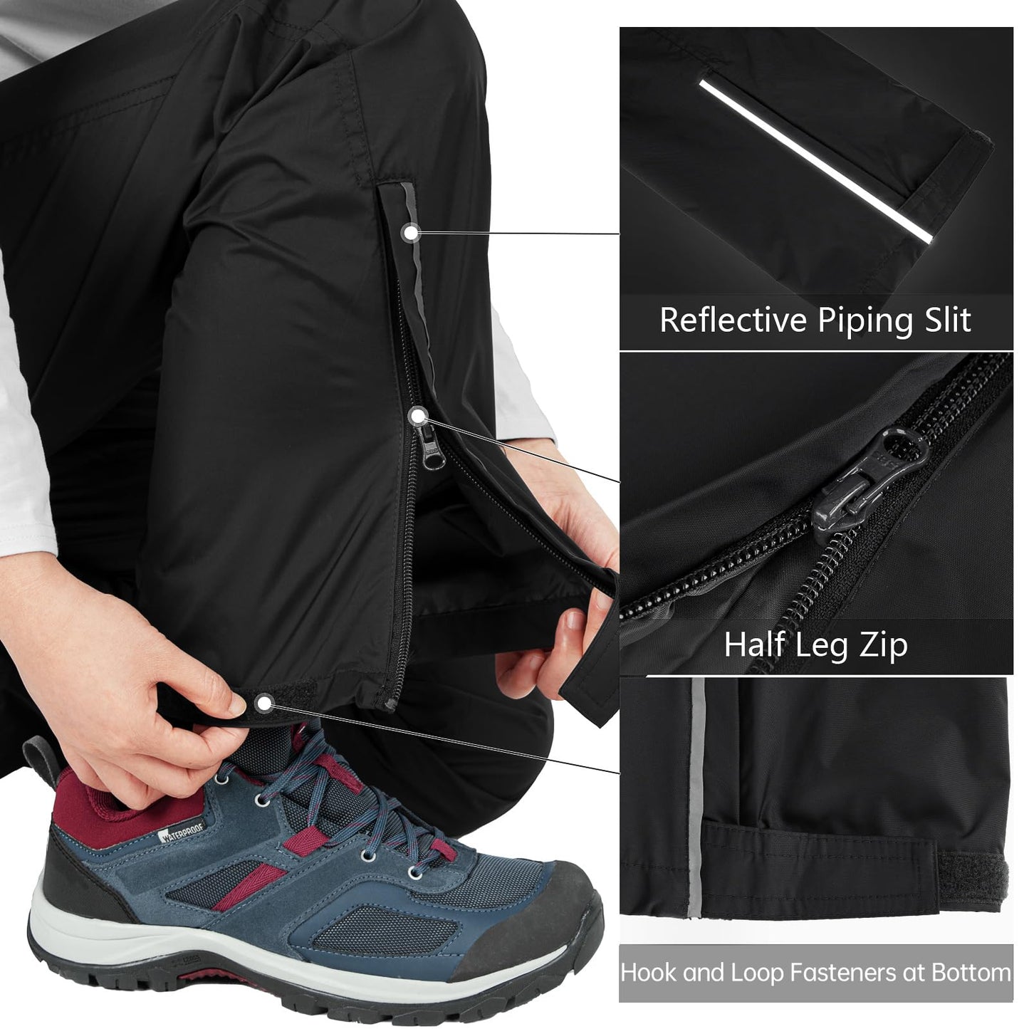 33,000ft Women's Rain Pants, Lightweight Waterproof Rain Over Pants, Windproof Hiking Pants for Outdoor, Fishing, Rainy Day Black