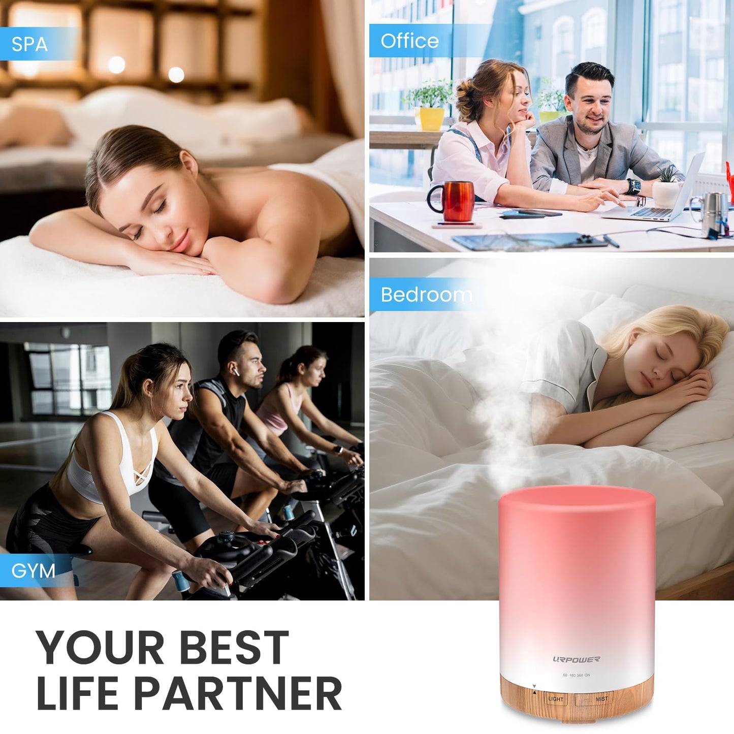 URPOWER 300ml Essential Oil Diffuser Ultrasonic Air Humidifier AUTO Shut Off Aromatherapy Scent Diffuser Night Light 7 Color Changing LED Lights and 4 Timer Settings for Home Office Yoga