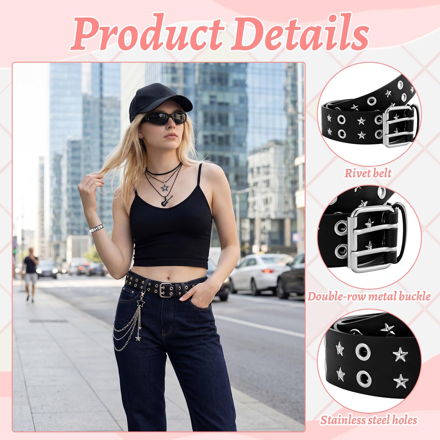 JATEBI 8 Pcs Gothic Punk Rock Accessories for Women, Y2K Accessories Set Black Studded Belt Bracelets Grommet Headband Punk Star Pants Chain Necklaces Earrings Sunglasses for Women