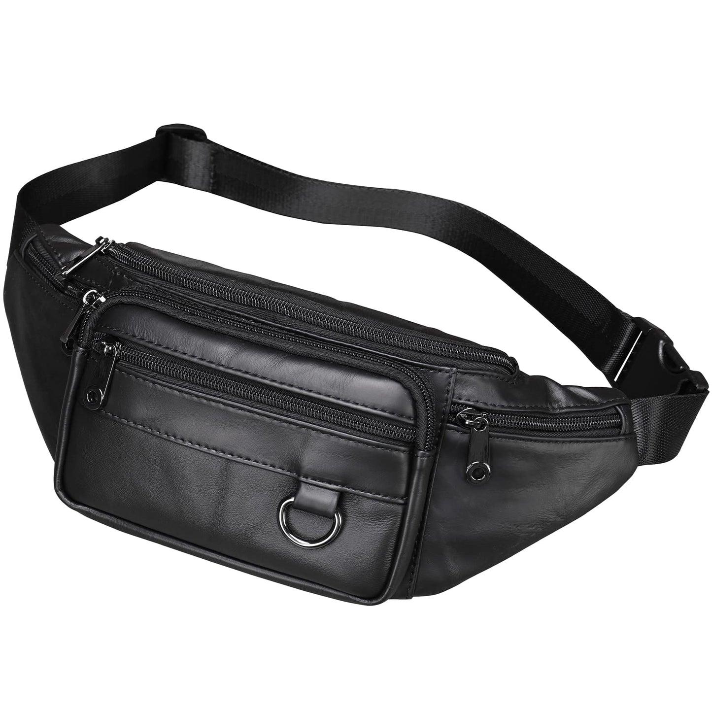 Genuine Leather Fanny Pack HandMade Durable cowhide Waist Bag Lots of Anti-theft zipper pocket Black