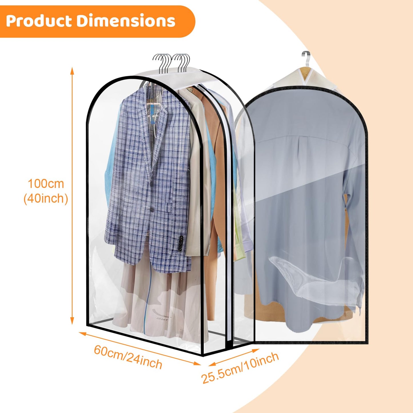 4 Pack Full Clear Garment Bags with Side Zipper, 40" Clothes Covers with 10" Gusset, Transparent Hanging Suit & Coat Covers for Closet Storage, Jackets, Dresses, Windbreakers