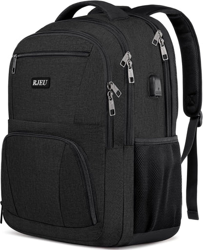 RJEU School Backpack for Teen Boys & College Students - 17.3 Inch Laptop Backpack with USB Charging Port, Anti-Theft Water Resistant Large Bookbag for Men, Travel & Work, Black