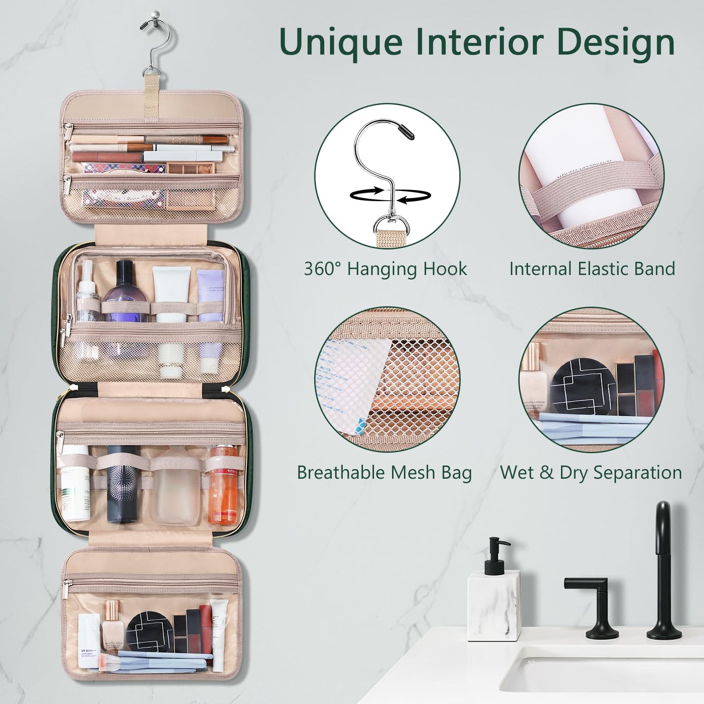 Wedama Toiletry Bag for Women, Hanging Travel Toiletry Bag with Jewelry Organizer Compartment Large Makeup Bag, PVC Waterproof Cosmetic Travel Bag Trips Camping Bathroom, Dark Green
