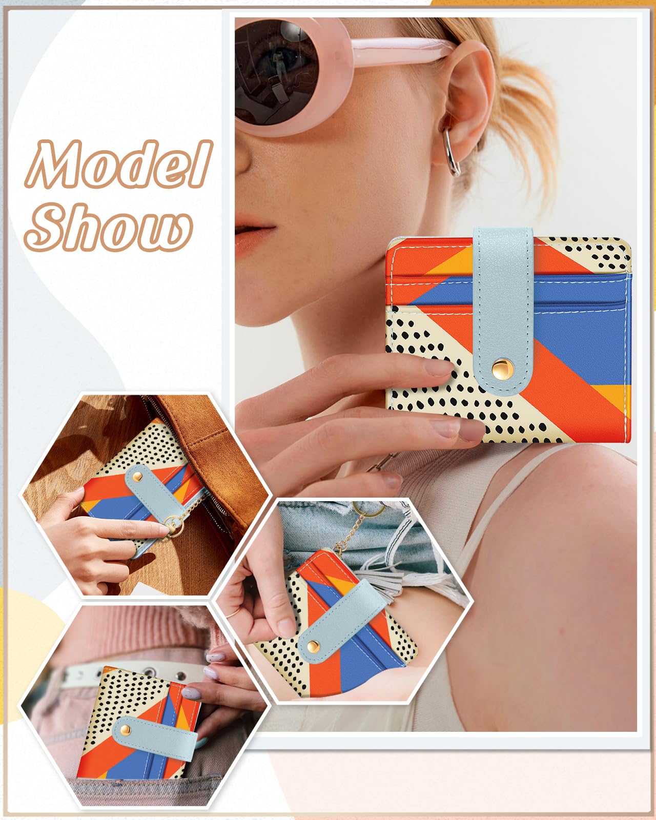 Bistup Wallet for Women Cute Bifold Card Wallet Rfid with Keychain for Ladies Teen Girls Female Medium Aesthetic Girly Small Thin Slim Abstract Unique Pretty Modern Leather Credit Card Holder Purse