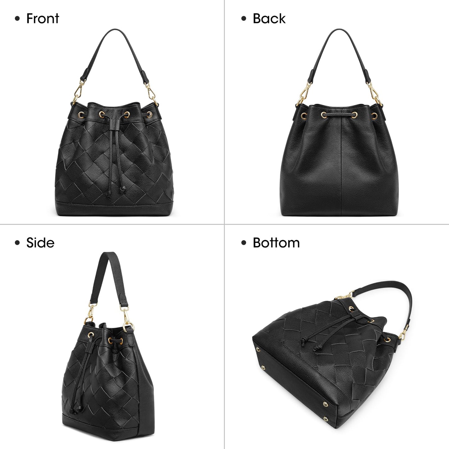 Kattee Woven Genuine Leather Bucket Bags for Women, Drawstring Crossbody Hobo Purses and Shoulder Handbags with 2 Detachable Straps, Black