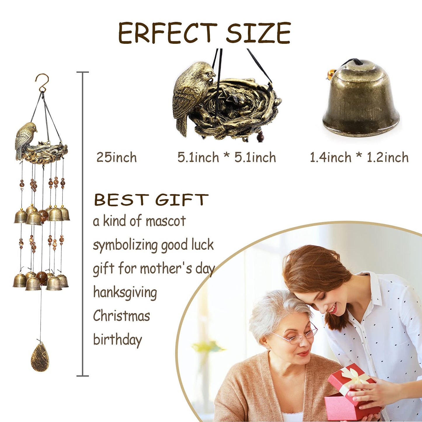 Bird Nest Wind Chimes,Wind Chimes for Outside with 12 Wind Bells for Glory Mothers Love Gift,Bird Bells Chimes Hanging Decoration for Outside Garden Yard Church, Bronze