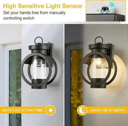 Dusk to Dawn Sensor Industrial Outdoor Wall Sconce Modern Exterior Wall Mounted Light Fixture Waterproof Outdoor Wall Lantern, Matte Black Outside Wall Lamp with Seeded Glass for House, Porch, Garage