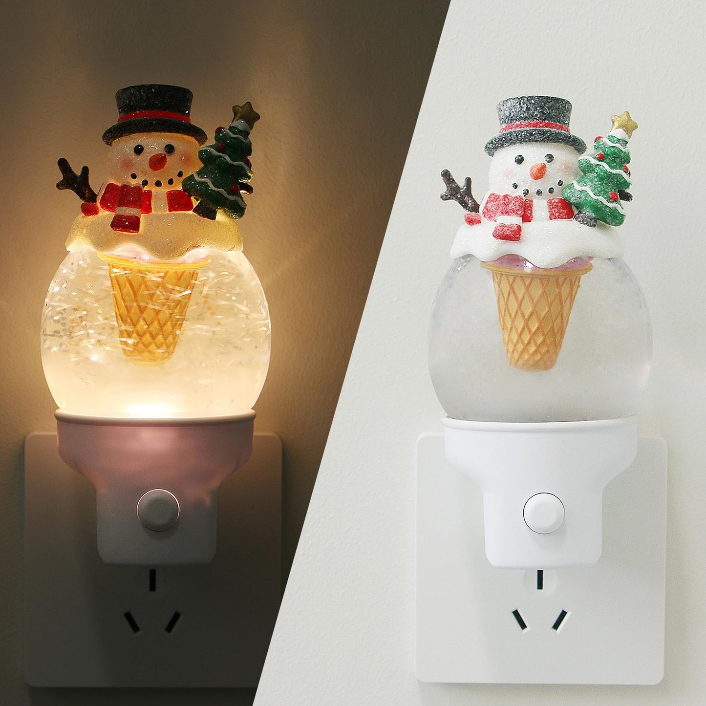 Yuxelulmai Christmas Snowman Night Light Plug into Wall Swirling Glitter USB Portable Christmas Decorative Night Light Decoration for Bedroom Kitchen Living Room Holiday Decor (Snowman Cookie Cone)