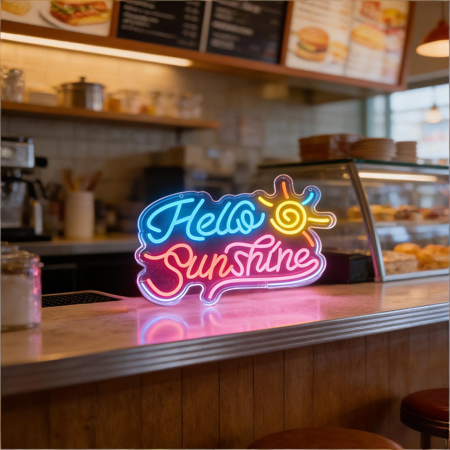 Hello Sunshine Neon Sign, LED Light Up Decorative Sign, USB Powered Dimmable Neon Light, Home Bedroom Living Room Kitchen Window Wall Decor, Cheerful Art Decor Gift for Kids Teens Adults Friends
