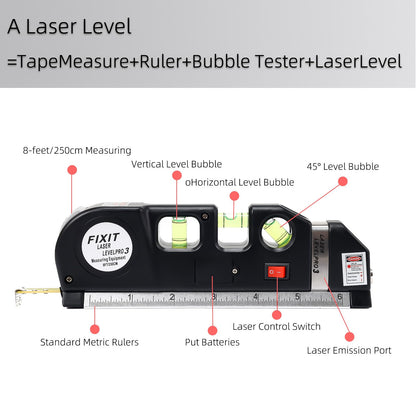 Laser Level Line Tool, Standard Cross Line Laser leveler with 8ft/2.5M Metric Ruler, Multipurpose Laser Leveler Kit for Flooring & Tile Installation