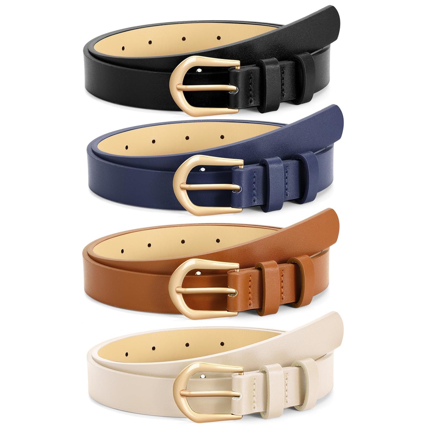 VONMELLI 4 Pack Womens Thin Leather Belt Skinny Waist Belts for Women Fashion Jeans Dress with Gold Buckle, Black Brown Navy Beige, XS