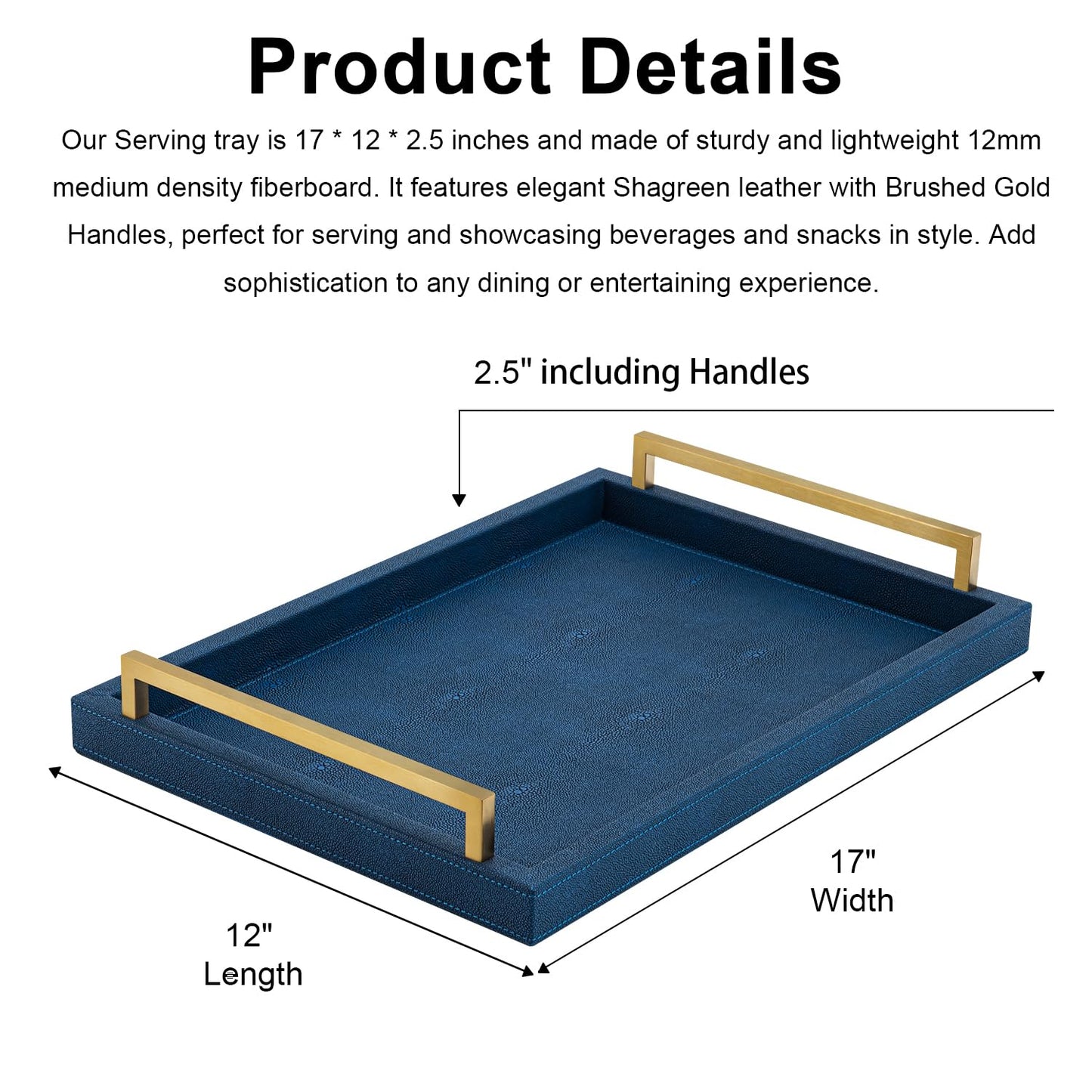 XIGEXIGE Navy Blue Decorative Serving Tray, Shagreen Leather Coffee Table Tray, Rectangle for Home Decor