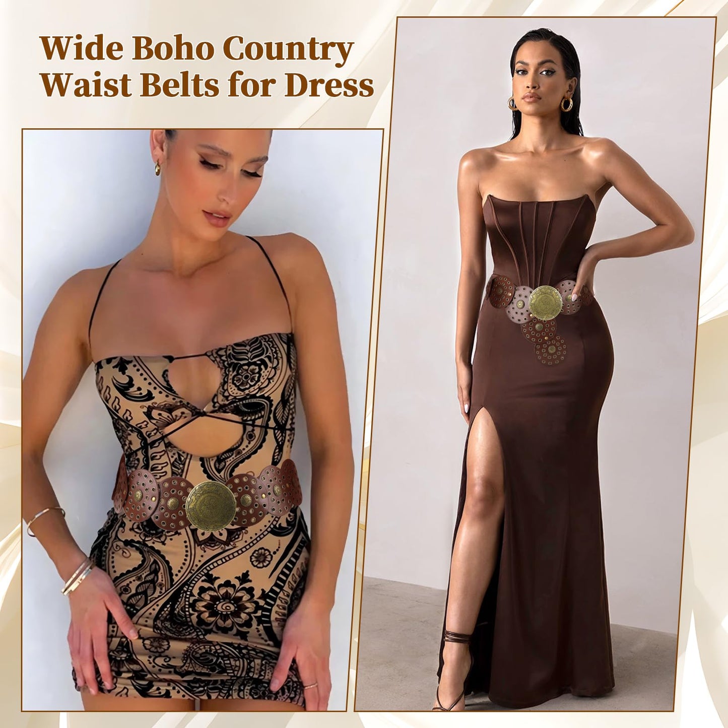 SNCEAW Western Belts for Women Wide Belts Country Concert Outfits Disc Belt Cowgirl Boho Leather Belt for Jeans Dress (Black-bronze Buckle, Fits waists up to 37")
