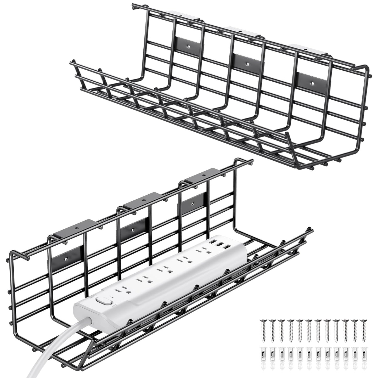 2 Pack DELAMU Under Desk Cable Management Tray, Large Metal Cord Organizer, Office & Home Cord Wire Management Under Desk Shelf, Easy Install Pre-drilled Cable Organizer, Black
