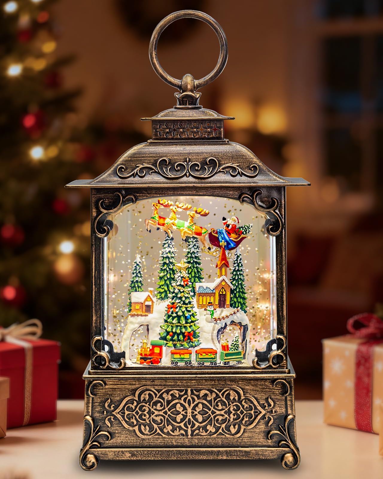 Snow Globe, Santa Snow Globe Christmas Tree, Lighted Musical Decorations Lantern,Village Houses, Train Battery, Reindeer, USB or Battery Operated，Gifts for Men and Kids.