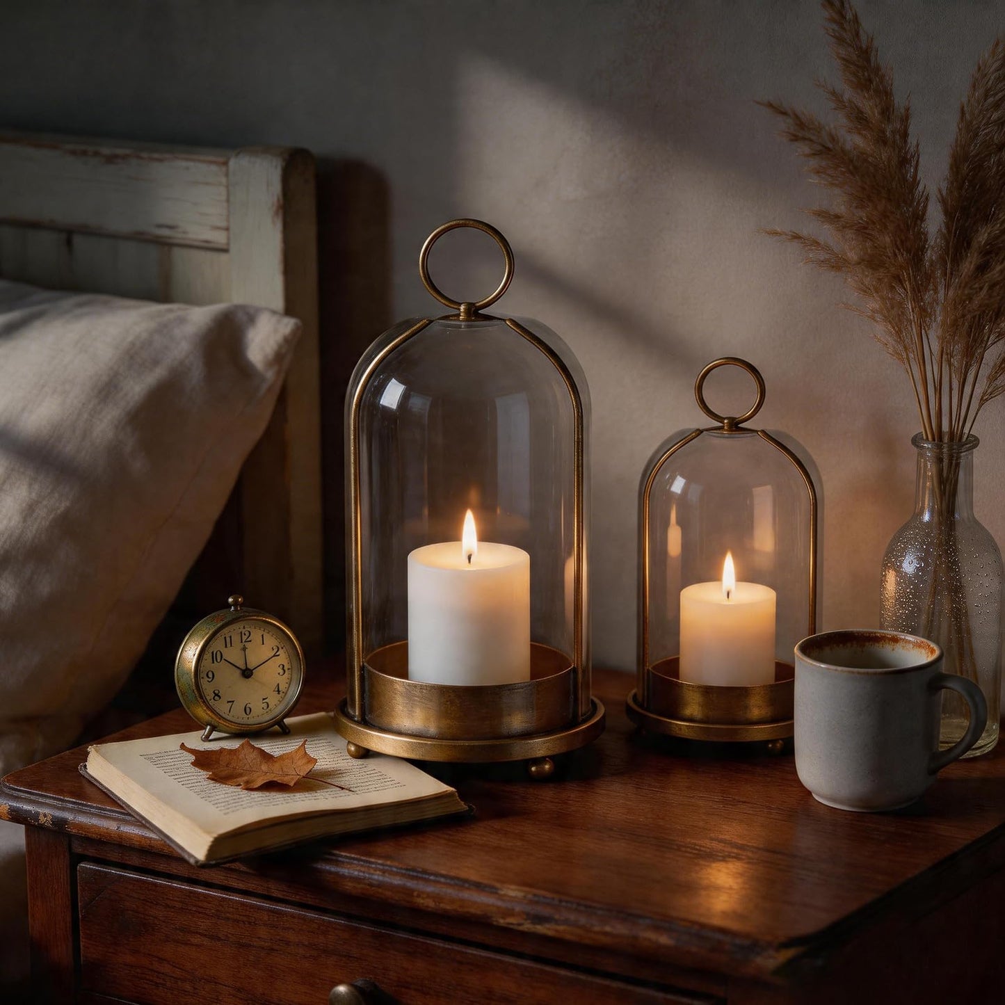Qxcynb Hurricane Bell Jar Candle Holder Clear Dome Cover Holders with Iron Base Set of 2 Vintage Pillar Glass Candles Cloche for Tabletop Centerpieces or Hanging (1, Gold)