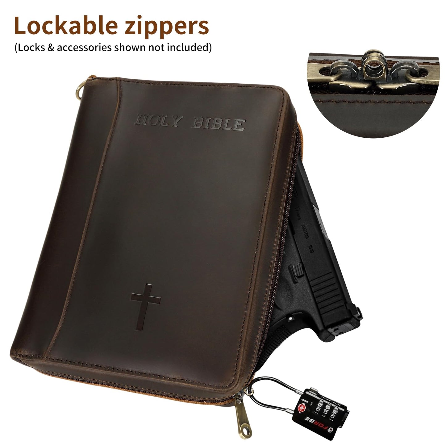 Polare Full Grain Leather Holy Bible Soft Carry Handgun Pouch CCW Bag Padded Pistol Wallet Tactical Case with Lockable Zipper and Wristlet Strap