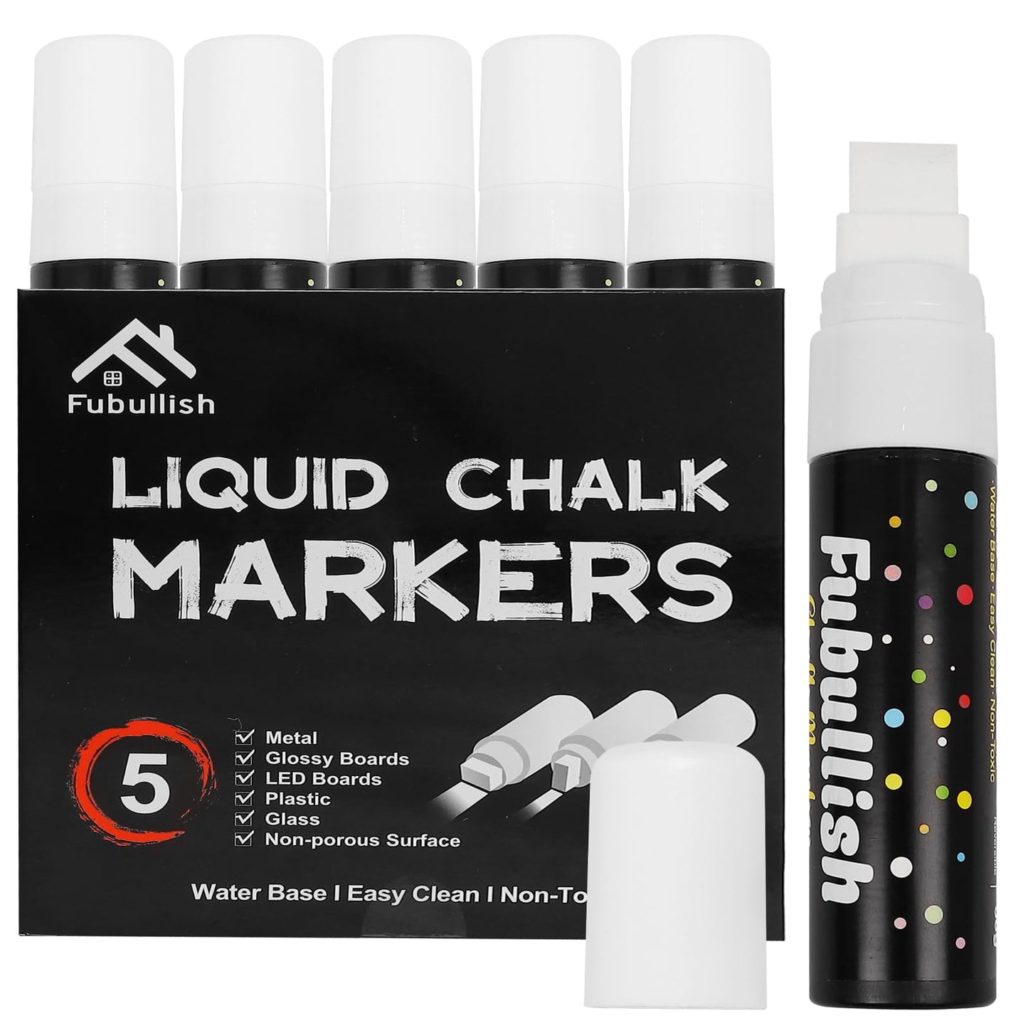 Fubullish Window Chalk Markers for Cars 5 Pack Washable,White Paint Jumbo Liquid Chalk Marker with 15mm Thick Tips, Big Chalkboard Markers for Car Window, Glass, Auto, Bistro, Mirror, Poster