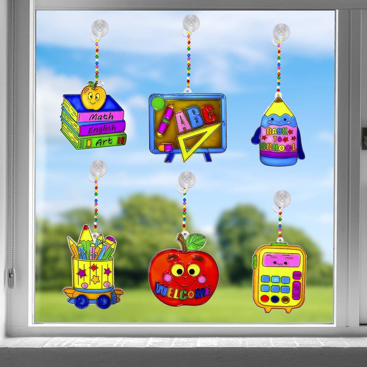 30 Sets Suncatcher Kit Back to School Suncatchers Apple Pencil Window Paint Art Drawing DIY Craft Kits Sun Catchers First Day of School Supplies for Stationery Party Gift Exchange Classroom Activities