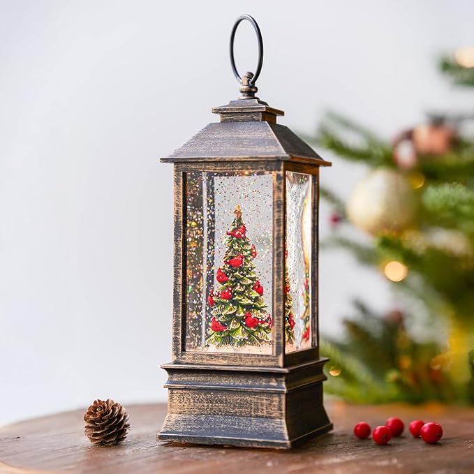 Christmas Snow Globe Lantern Water Glittering Christmas Tree with Music, USB Lined/Battery Operated Lighted Lantern for Christmas Festival Decoration Gifts
