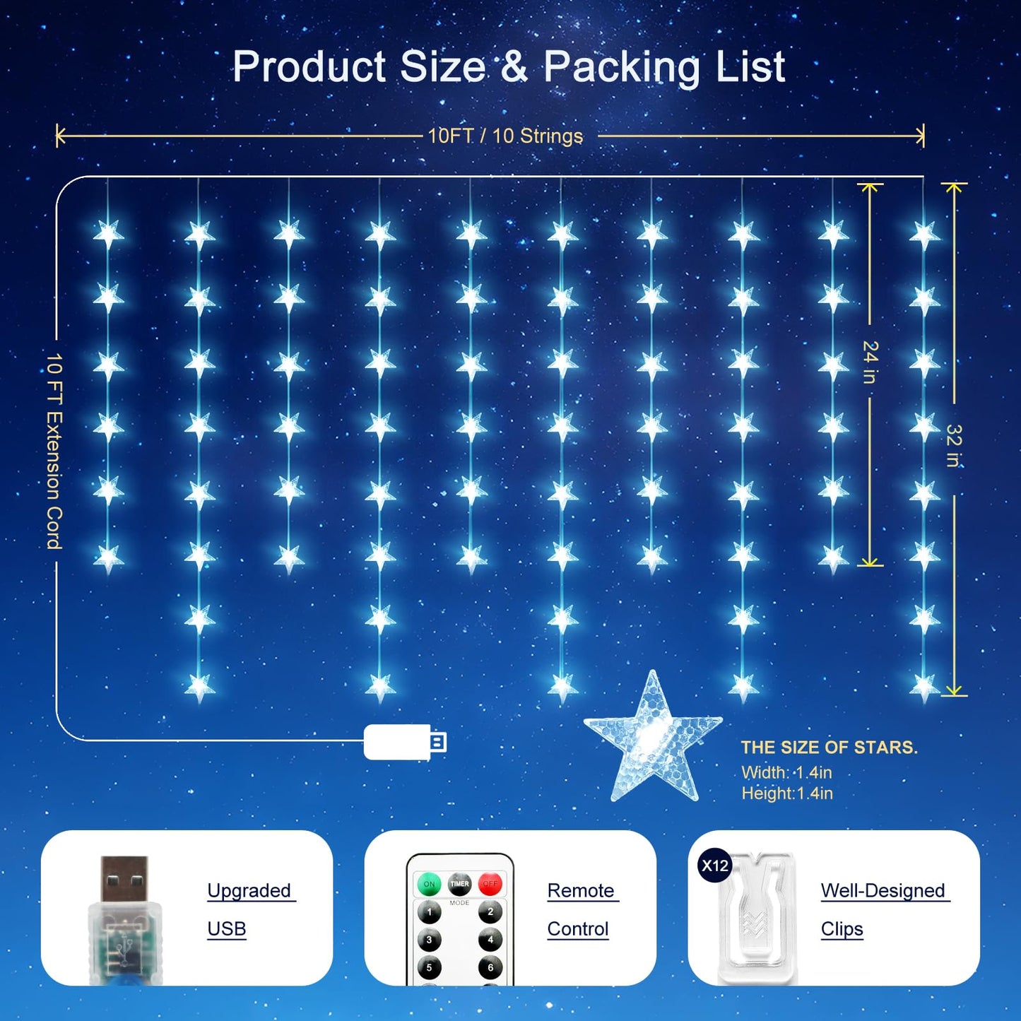Star Curtain Lights Hanging Star Lights for Window 70 Stars String Light for Wall Décor USB Plug in 8 Modes Twinkle Fairy Lights for Christmas, Bedroom, Indoor, Outdoor, Weddings, Party (Cold White)
