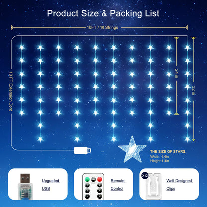 Star Curtain Lights Hanging Star Lights for Window 70 Stars String Light for Wall Décor USB Plug in 8 Modes Twinkle Fairy Lights for Christmas, Bedroom, Indoor, Outdoor, Weddings, Party (Cold White)