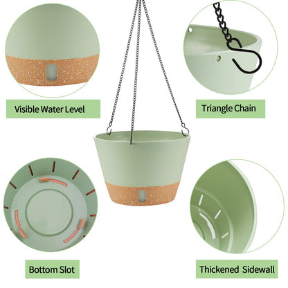 WIZROL 2 Pack Hanging Planters, 10 inch Indoor Outdoor Hanging Plant Pot Basket, Hanging Plastic Flower Pot with Drainage Hole with Removable Tray&Hooks for Hanging Plants,Green
