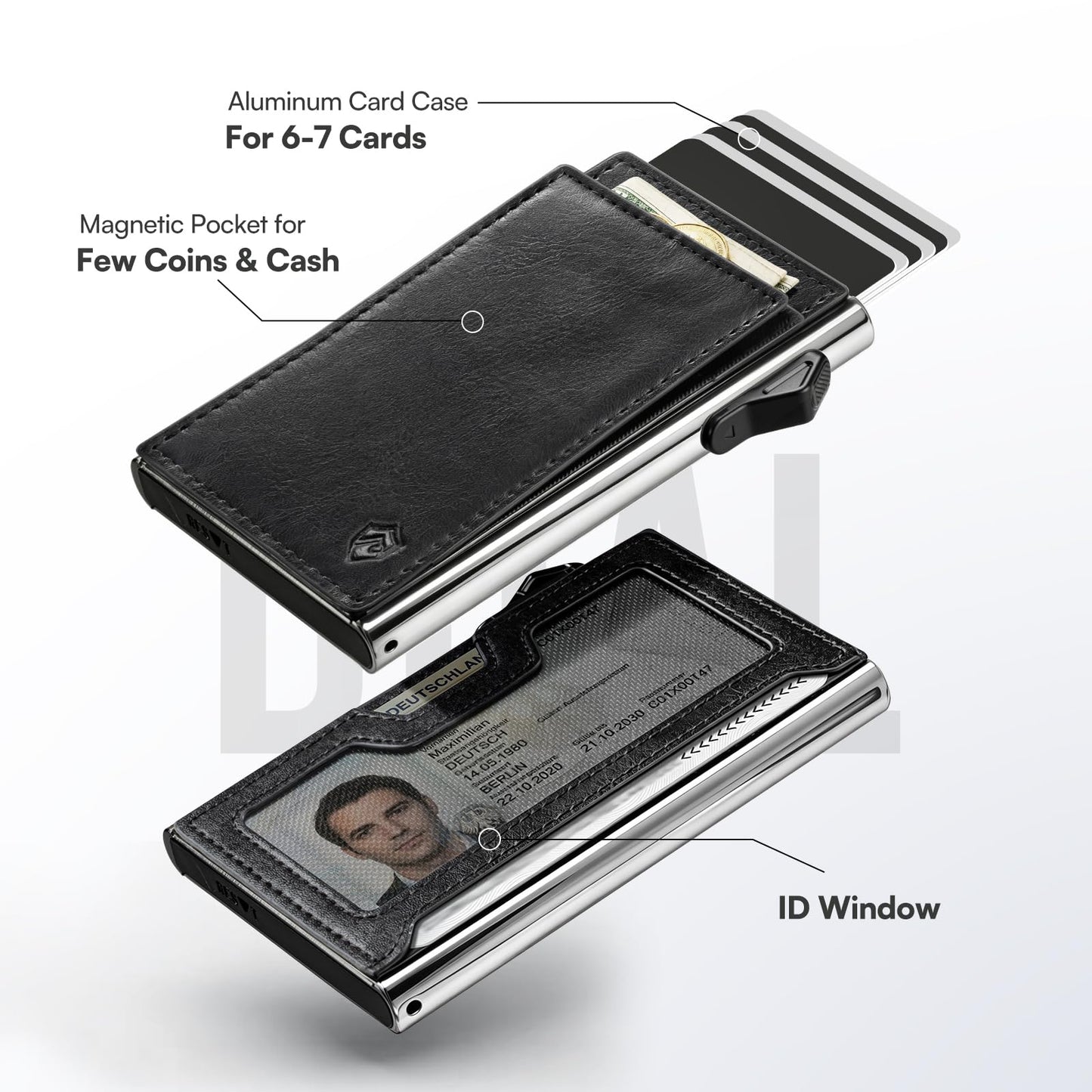 Bauhaus Slim Wallet for Men | RFID NFC Blocking Automatic Ejector | Pop-Up Card Holder Premium Leather Front Pocket Minimalist Mens Wallet Holds 7 Cards + ID + Cash | Gift for Men Black and Sliver