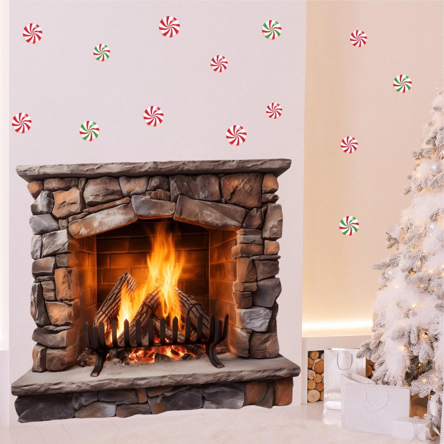 Large Christmas Wall Decals Christmas Wall Decoration Vinyl Sticker Peel and Stick Indoor Xmas Fireplace Decal for Walls Removable Peppermints Xmas Art Murals for Living Room Holiday Xmas Party Supply