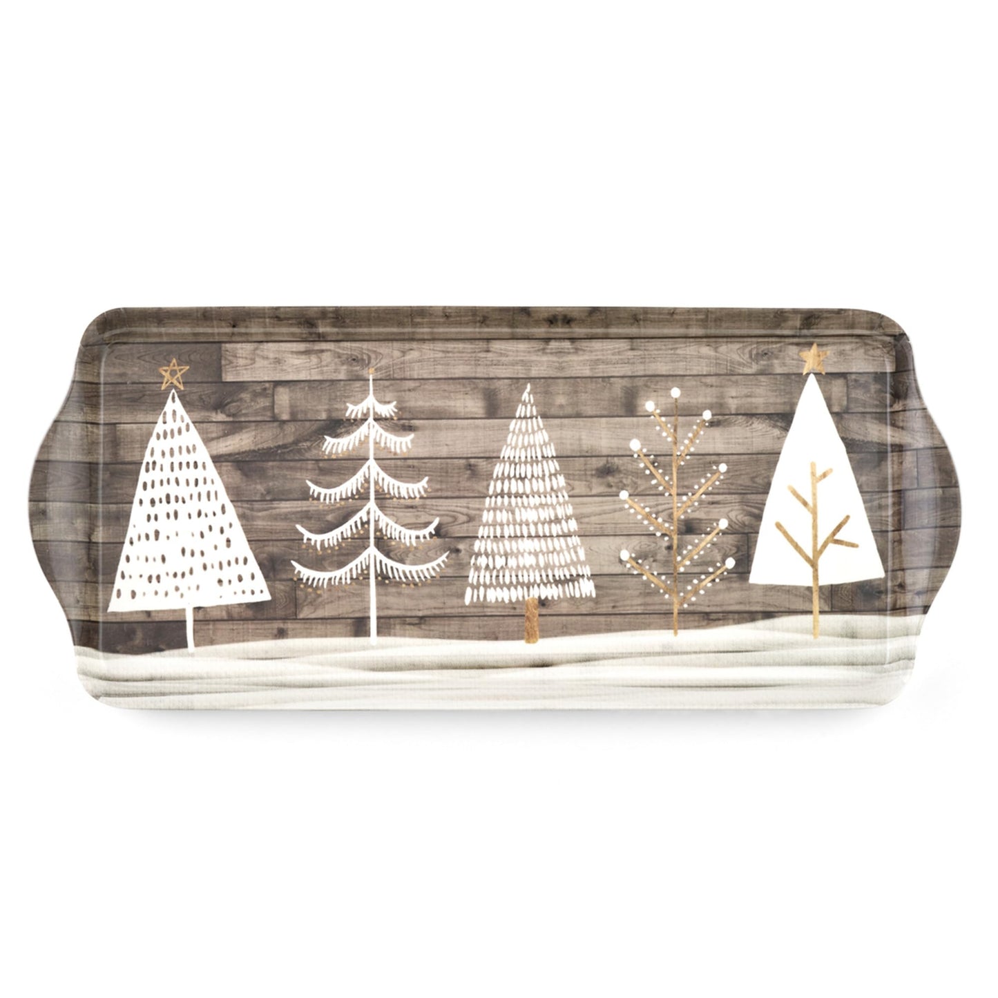 Pimpernel Home Collection Rectangular Melamine Tray – (15" x 6.5") Lightweight Serving Platter with Wood Finish & White Evergreen Design, Decorative Accent for Tabletop, Dining & Entertaining