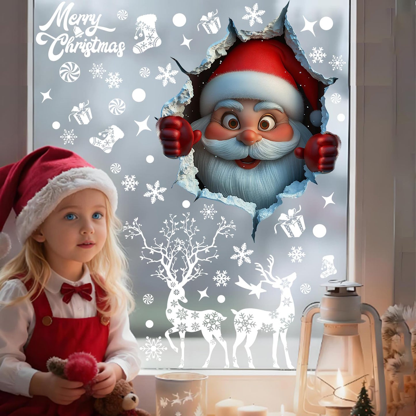178Pcs Large Christmas Window Clings for Glass, Xmas Snowflake Cling Winter Stickers Reusable Double-Sided Outdoor Window Christmas Decoration for Santa Claus Reindeer Peppermint Decals Holiday Decor