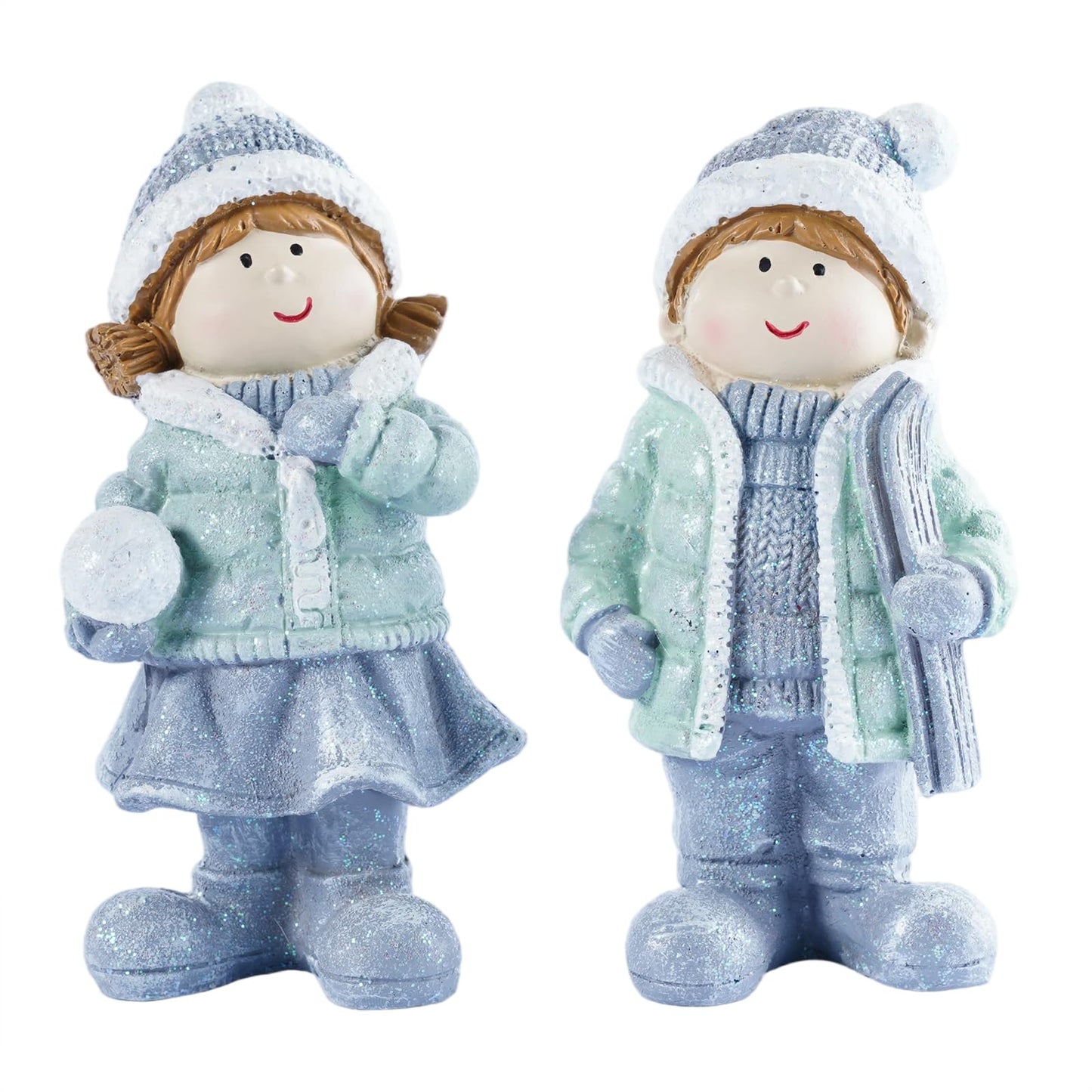 Brizoria Miniature People Figurines Set of 2 Glitter Resin Boy and Girl Winter Decorations for Home Indoor Tabletop Mantel Shelf Cute Christmas Home Decor Small Tiny People Figurines