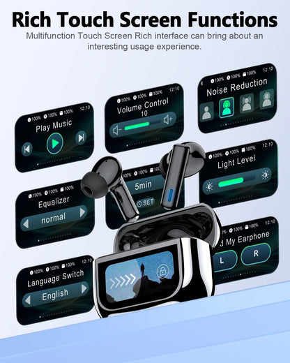 ZIUTY Wireless Earbuds Bluetooth Headphones, ANC/ENC Noise Cancelling, Ear Buds with Multifuntional Touch Screen, 40H Stereo Sound for Sports, IPX7 Clear Calls, 5 EQ for iOS Android(Black)
