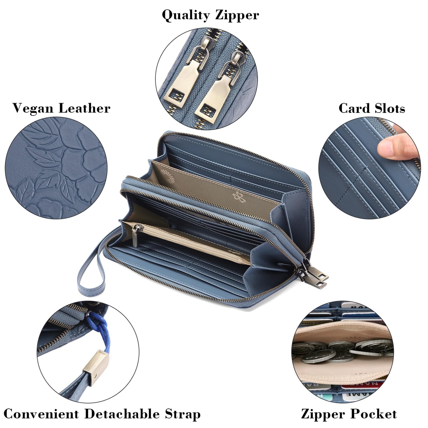 GAEKEAO Womens Wallet Large Capacity with Phone Pocket, Double Zip Around RFID Blocking Clutch Purse Wristlet Grip Hand Strap