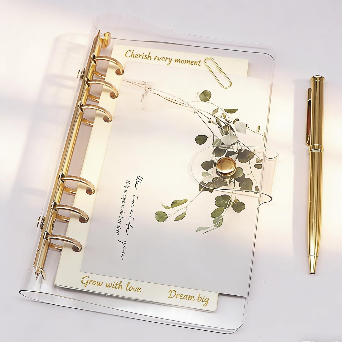 NatSumeBasics Clear A6 Binder Cover Gold 6 Rings 4"x7" Notebook Shell Protector Refillable Loose Leaf PVC Folders Soft Binding Accessories Supplies (Gold A6 Binder)
