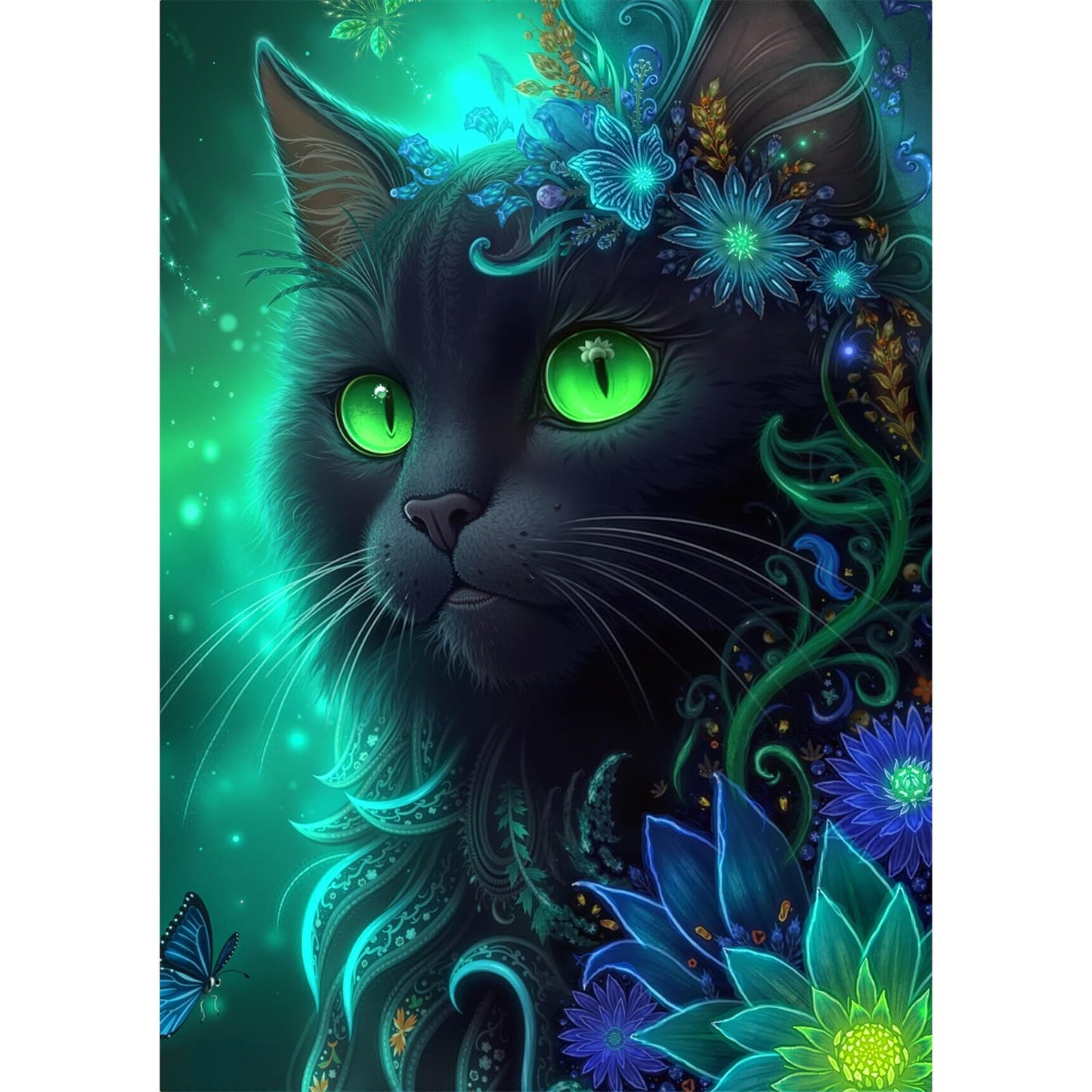 1000 Piece Jigsaw Puzzle, Magical Black Cat with Glowing Green Eyes